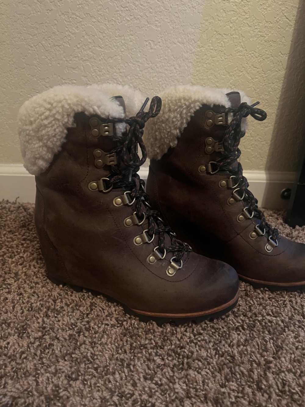 Sorel Brown Wedge Lace-Up Boots with Cream Shearling Cuff